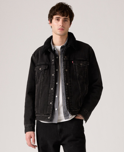 Levi's Men's Regular Fit Sherpa Denim Trucker Jacket - Washed Black