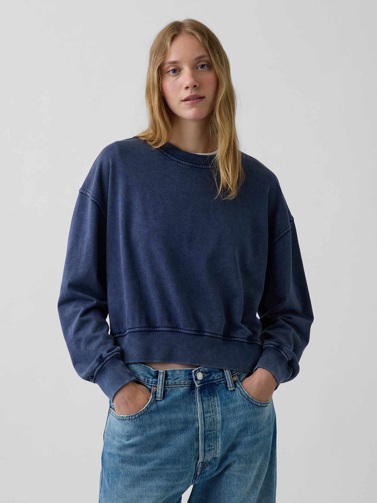 VintageSoft Terry Oversized Wedge Side-Slit Sweatshirt - Tapestry navy blue wash