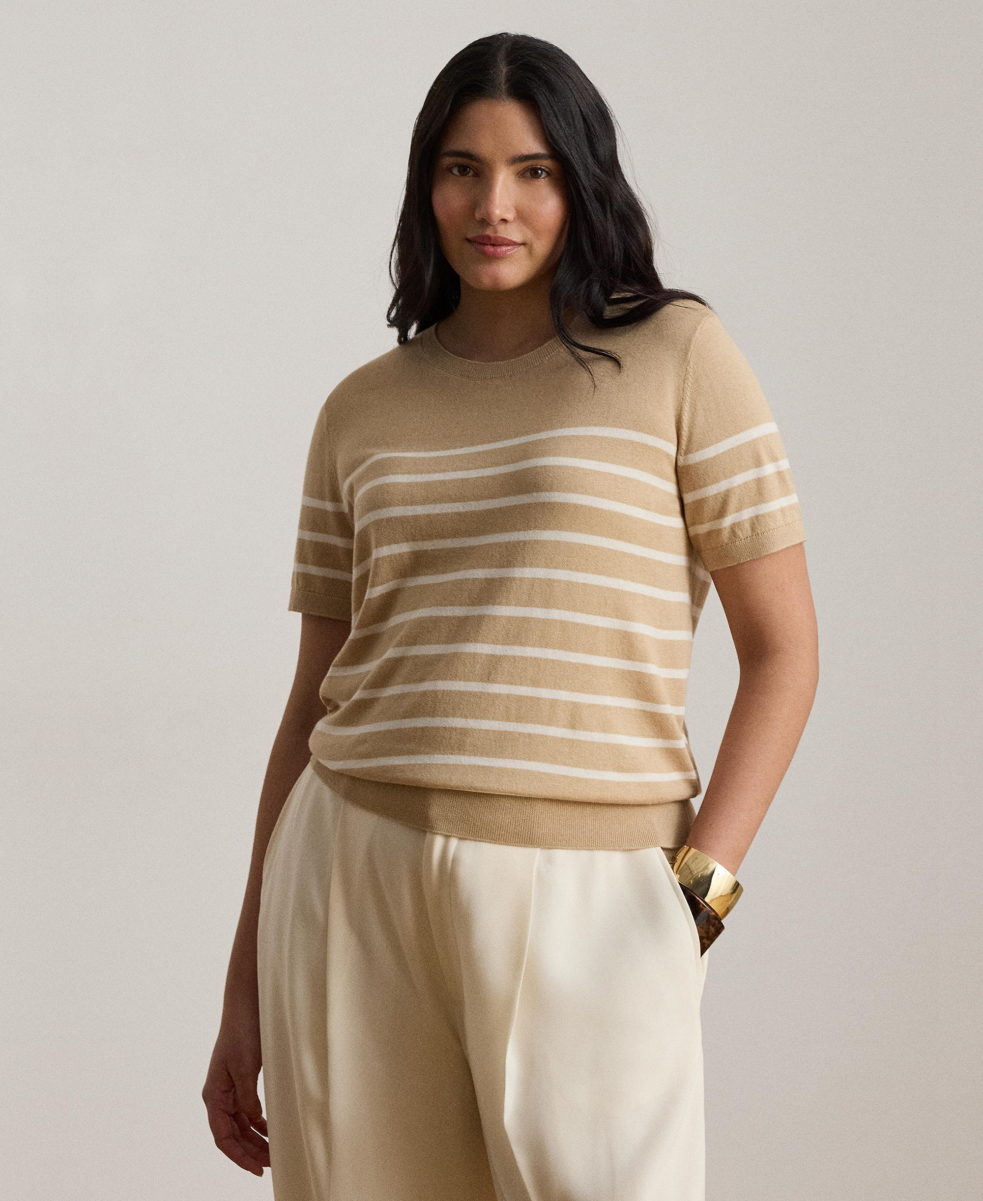 Lauren Ralph Lauren Women's Crewneck Short-Sleeve Sweater - Ginger Tan/ Mascarpone Cream