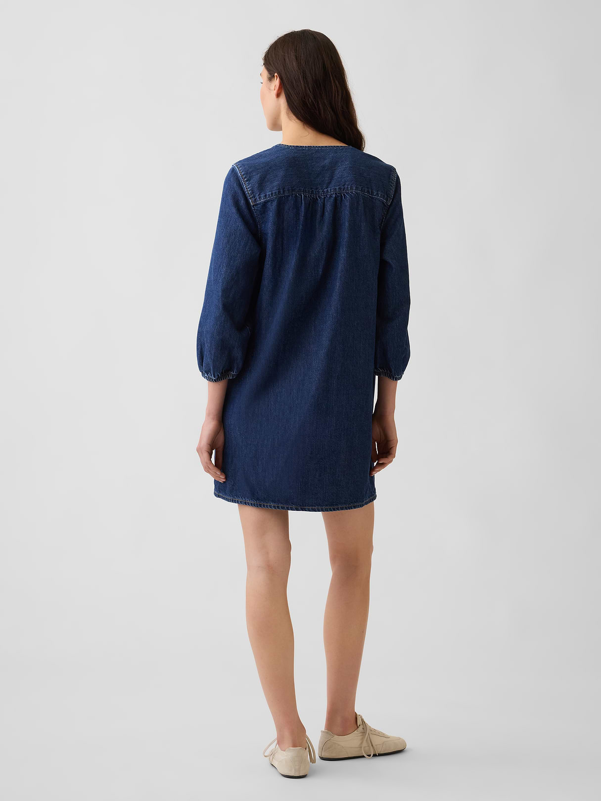 Denim V-Neck Shift Mini Dress - dark wash