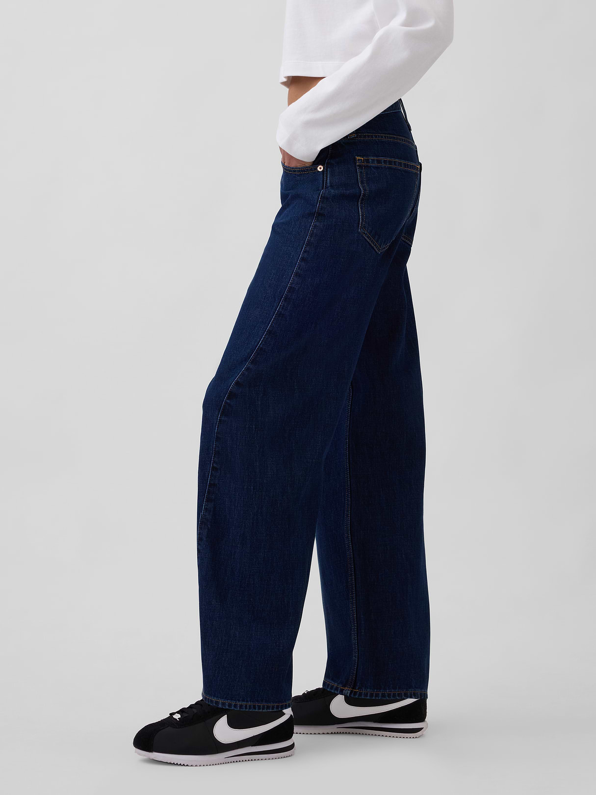 High Rise Khaki Stripe Barrel Jeans - Dark rinse