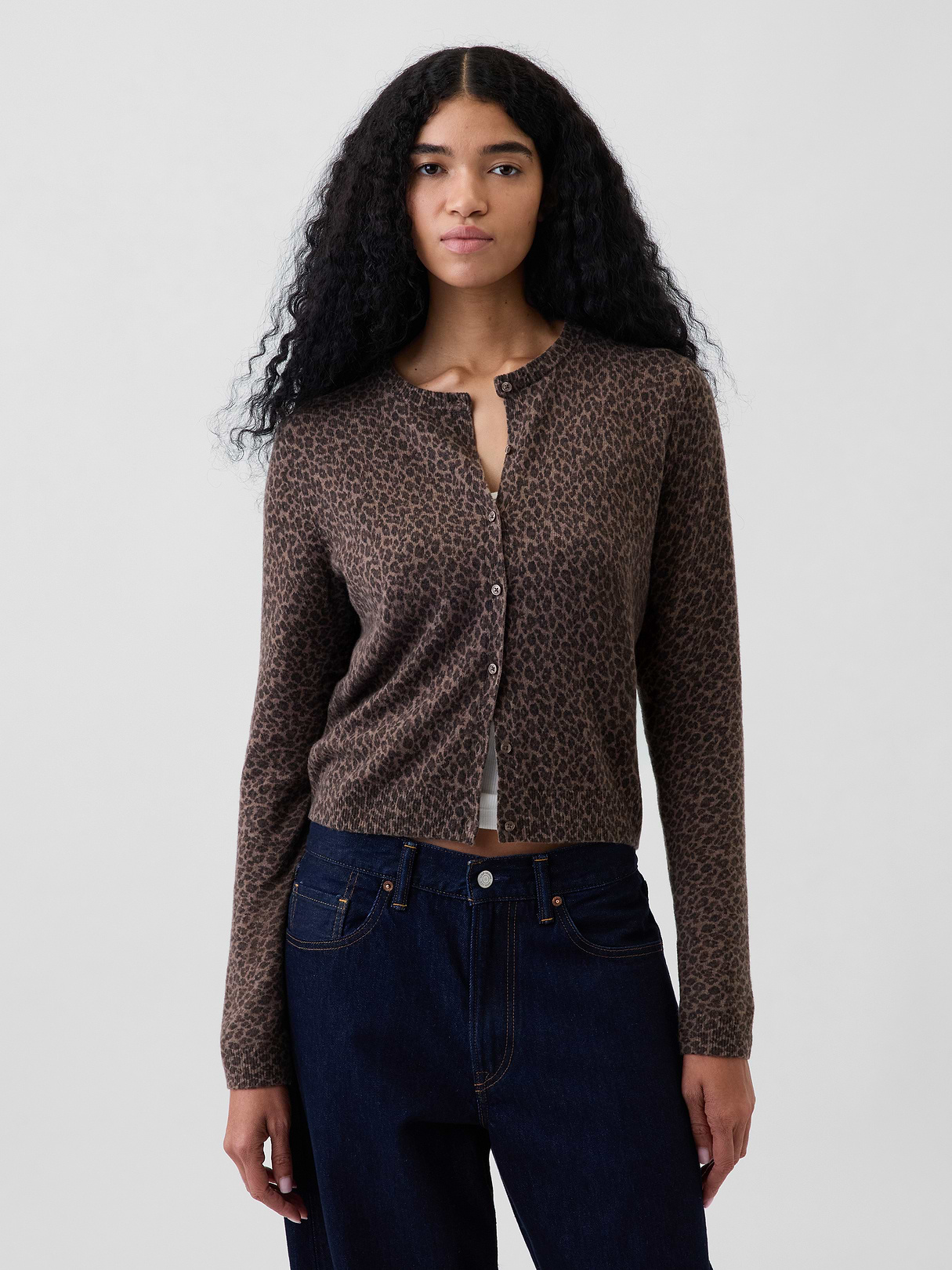 CashSoft Crop Cardigan - Brown leopard print