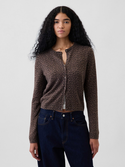 CashSoft Crop Cardigan - Brown leopard print