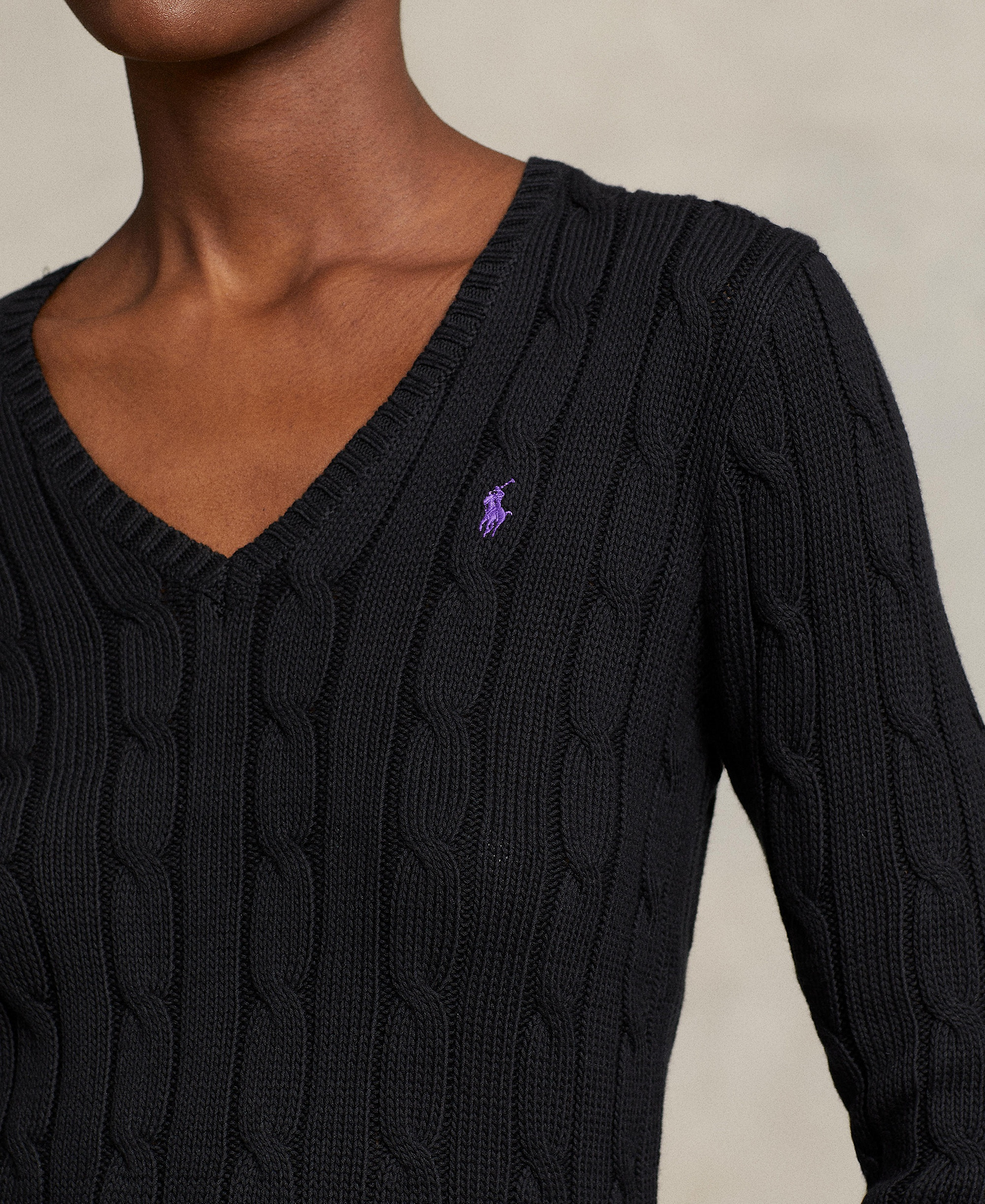 Polo Ralph Lauren Women's Cable-Knit Cotton V-Neck Sweater - Polo Black