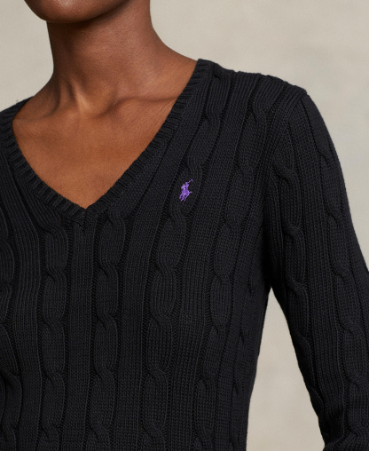 Polo Ralph Lauren Women's Cable-Knit Cotton V-Neck Sweater - Polo Black