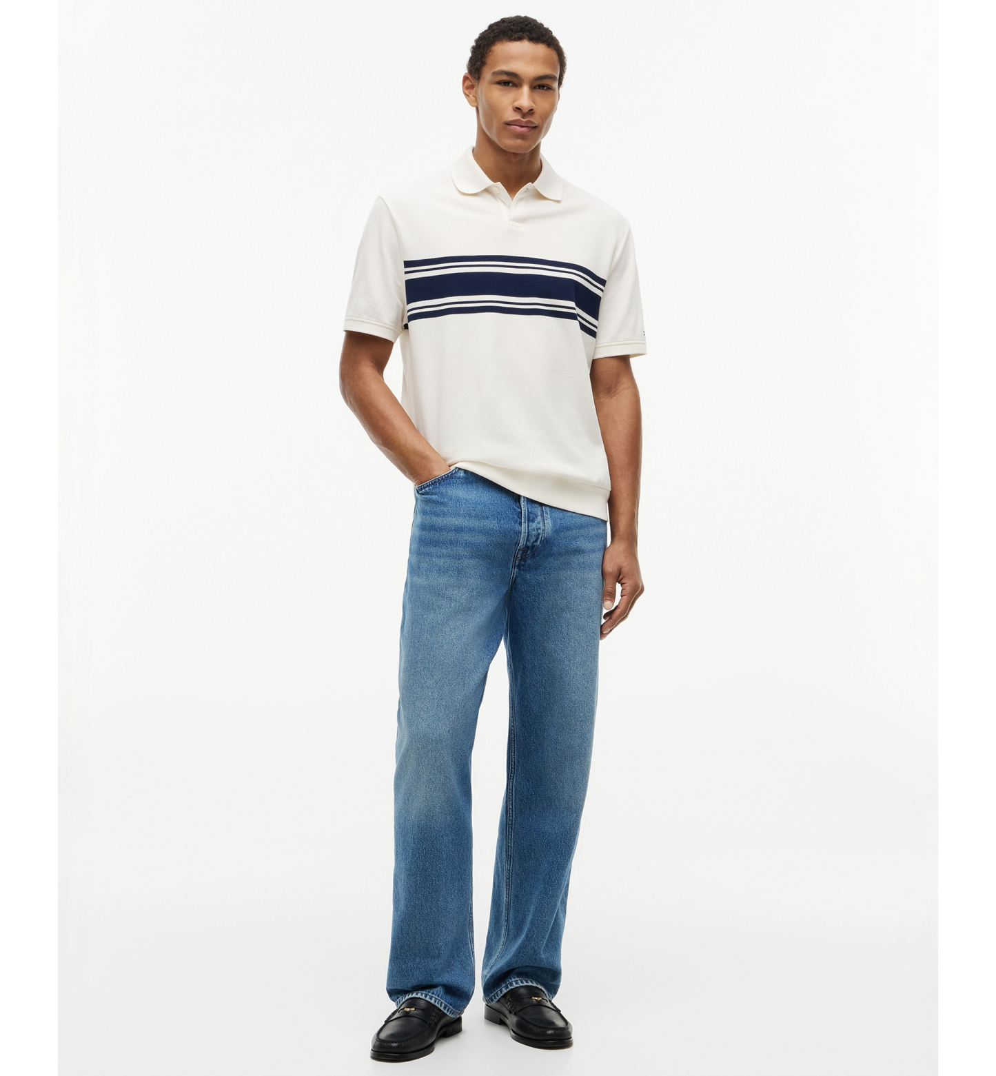 Tommy Hilfiger Men's Placed Breton Stripe Polo Shirt - Ivory Petal