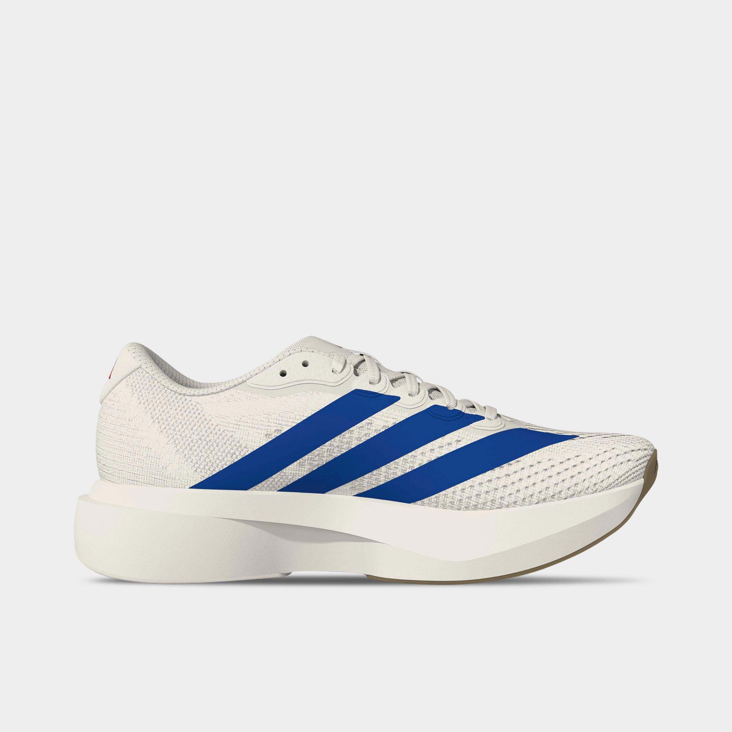 Men's adidas Adizero Pacer Running Shoes - Core White/Royal Blue/Pure Ruby - Left shoe facing left. Outside of the shoe.