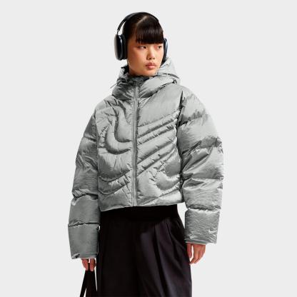 Women's Nithtke Sportswear Swoosh Series Therma-FIT Oversized Full-Zip Down Puffer Jacket - Metallic Silver/Light Smoke Grey