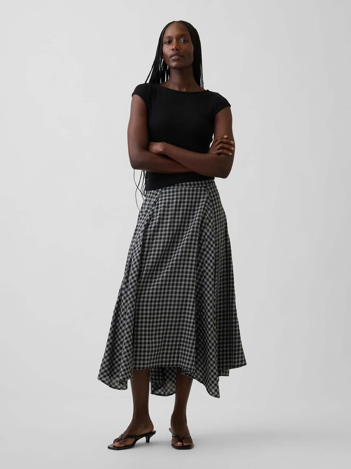 Plaid Maxi Handkerchief Skirt - Black plaid