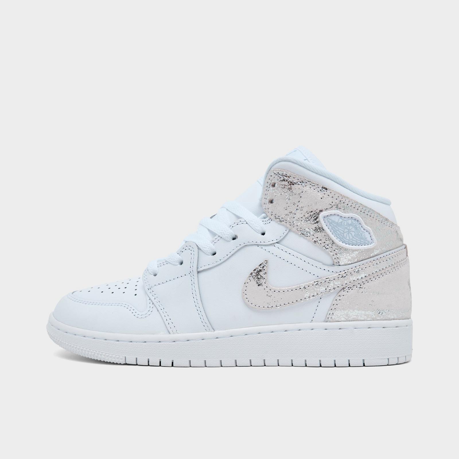 Big Kids' Air Jordan Retro 1 Mid SE Casual Shoes - White/White/White/Field Silver - view 1