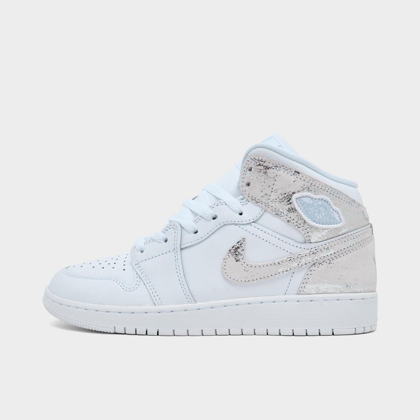 Big Kids' Air Jordan Retro 1 Mid SE Casual Shoes - White/White/White/Field Silver - view 1