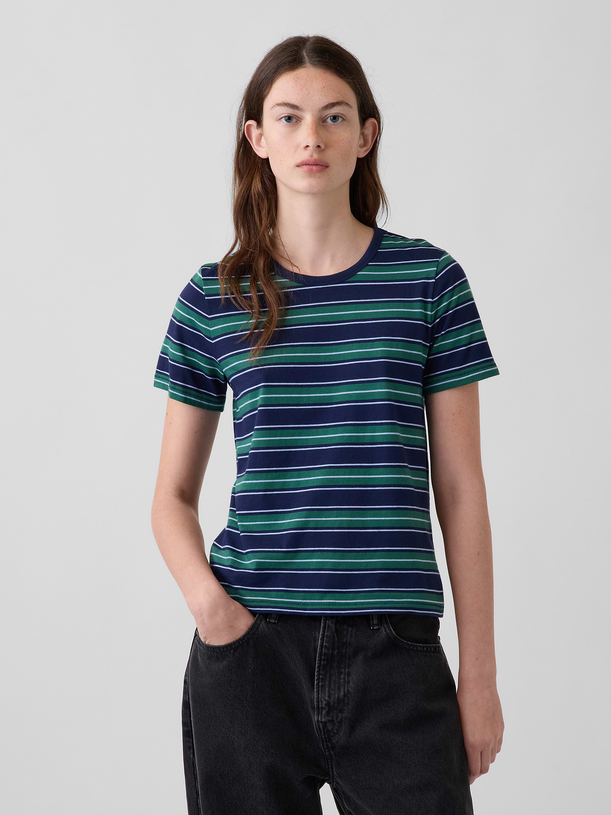Organic Cotton VintageSoft T-Shirt - Navy blue & green stripe