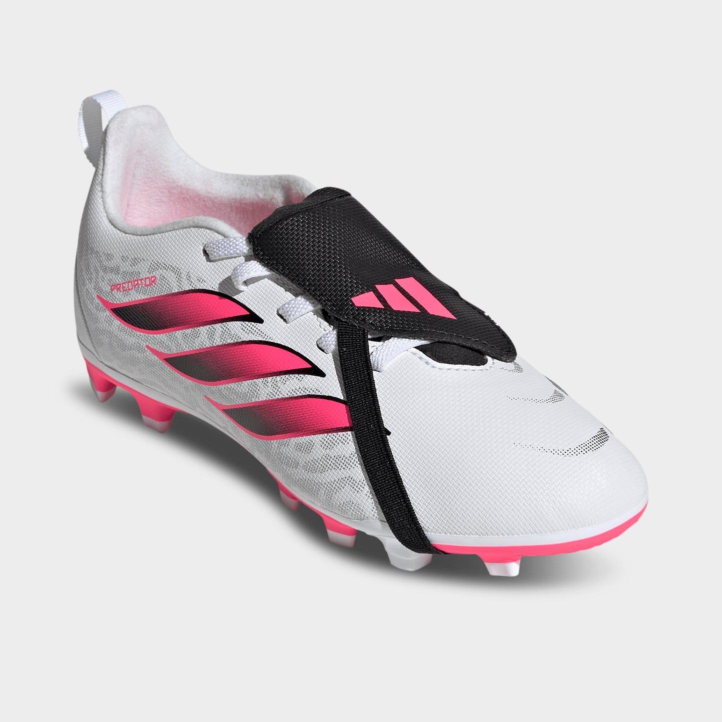 Big Kids' adidas Predator Club Fold Over Tongue Firm Ground and Multi Ground Soccer Cleats - White/Solar Turbo/Black (IH2097-100) - Both shoes facing left