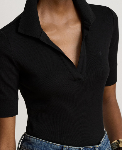 Lauren Ralph Lauren Women's Jersey Short-Sleeve Collared Top - Black