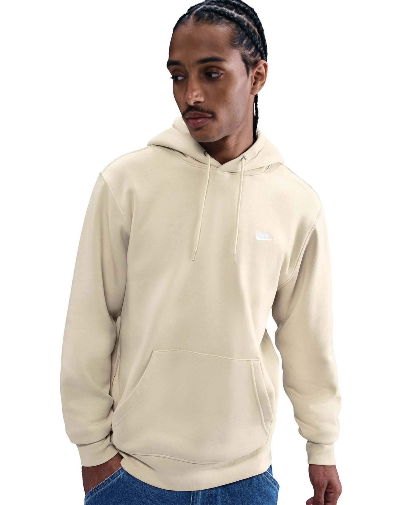Nike Men's Club Pullover Fleece Hoodie Logo - Lite Khaki/White