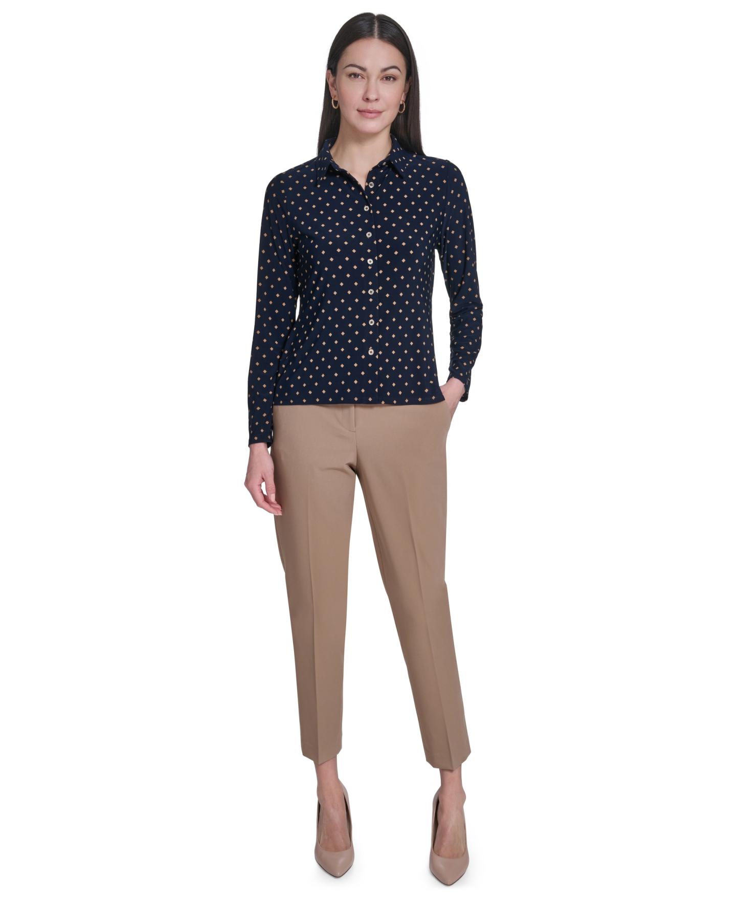 Tommy Hilfiger Women's Long-Sleeve Button Up Top - Midnight/Tobacco Brown