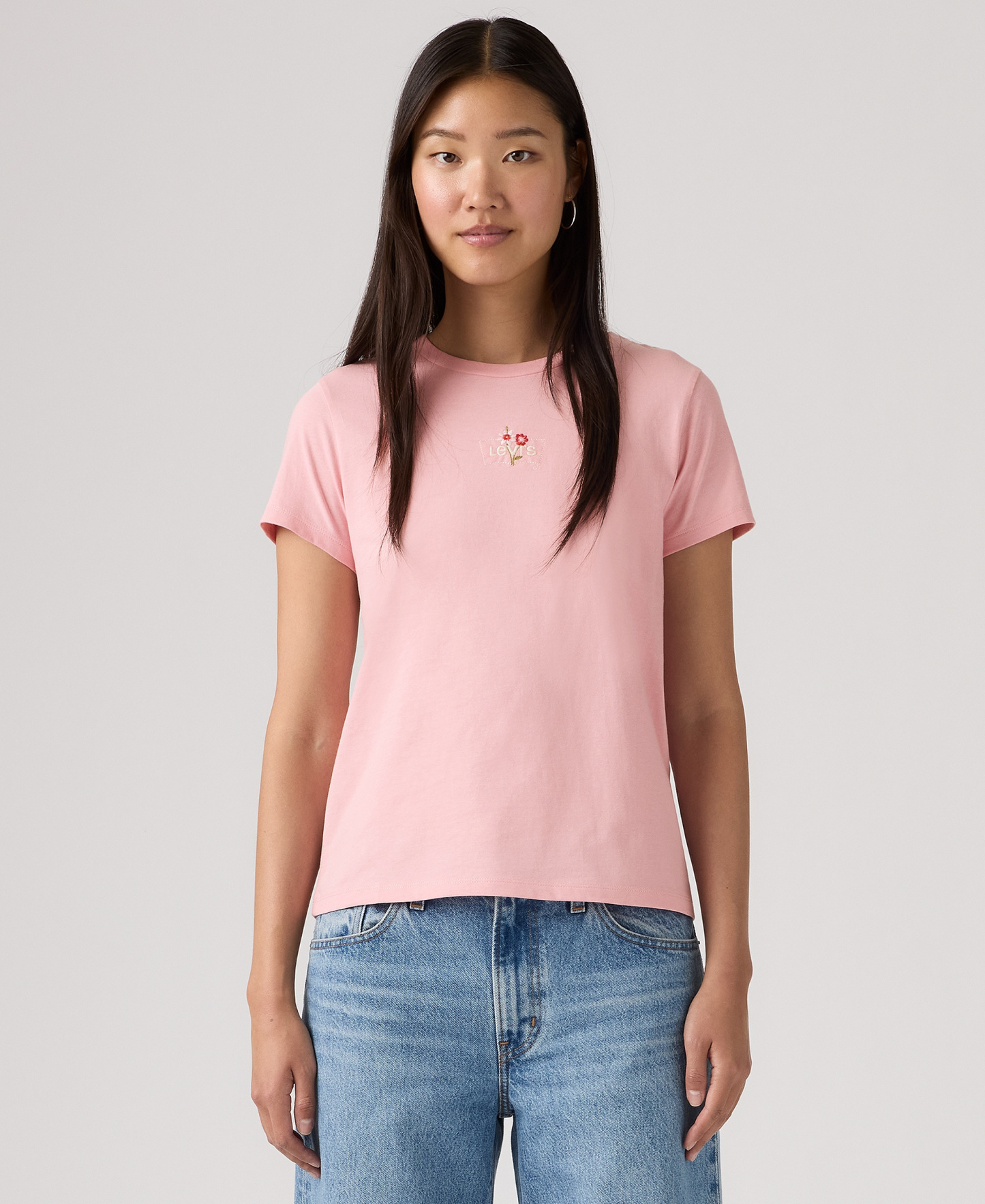 Levi's Women's Perfect Graphic Logo Cotton T-Shirt - Floral Emb Bw Coral Blush