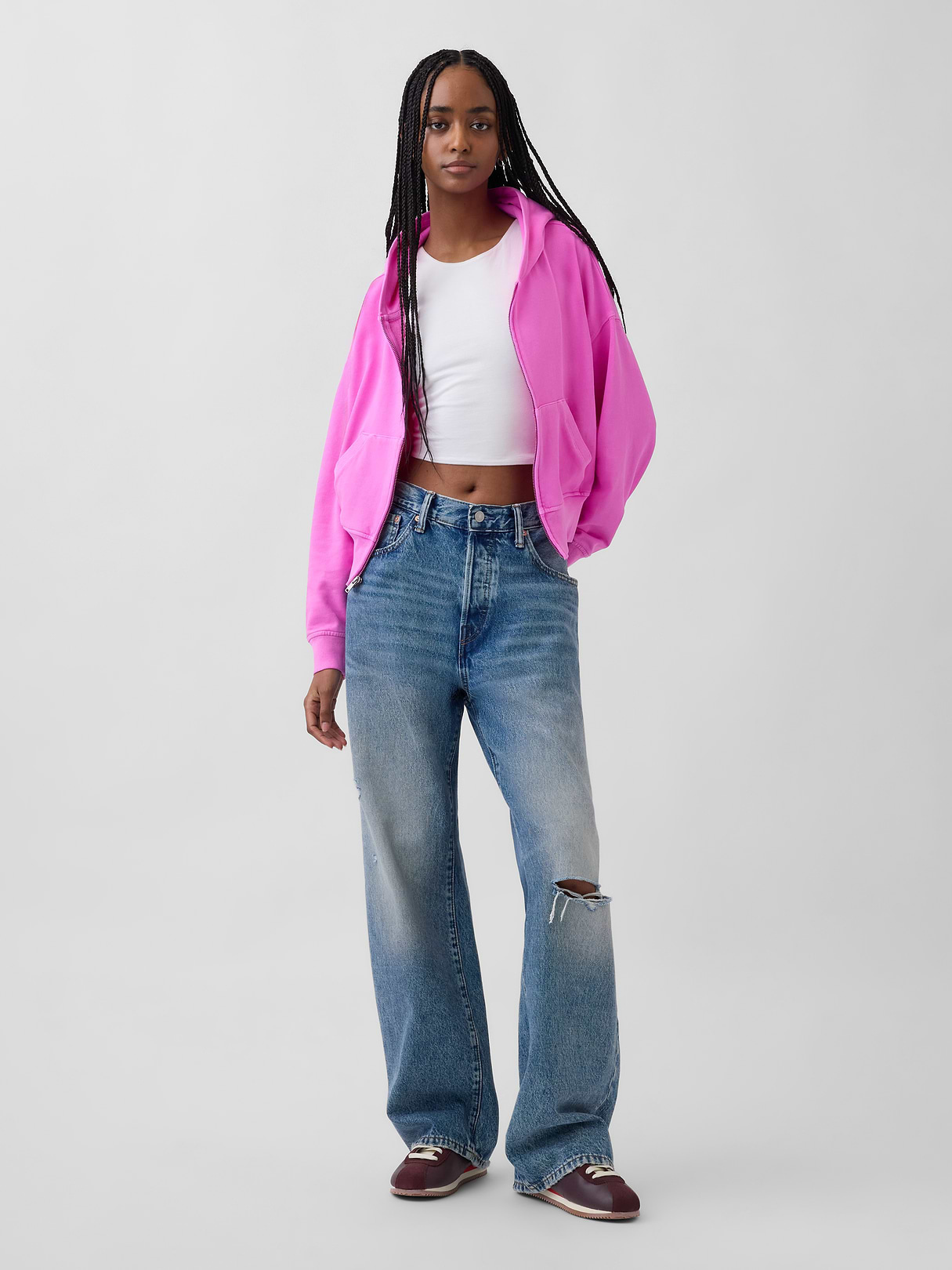 VintageSoft Terry Oversized Wedge Zip Hoodie - Neon pink glow