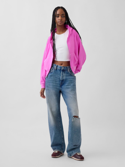 VintageSoft Terry Oversized Wedge Zip Hoodie - Neon pink glow