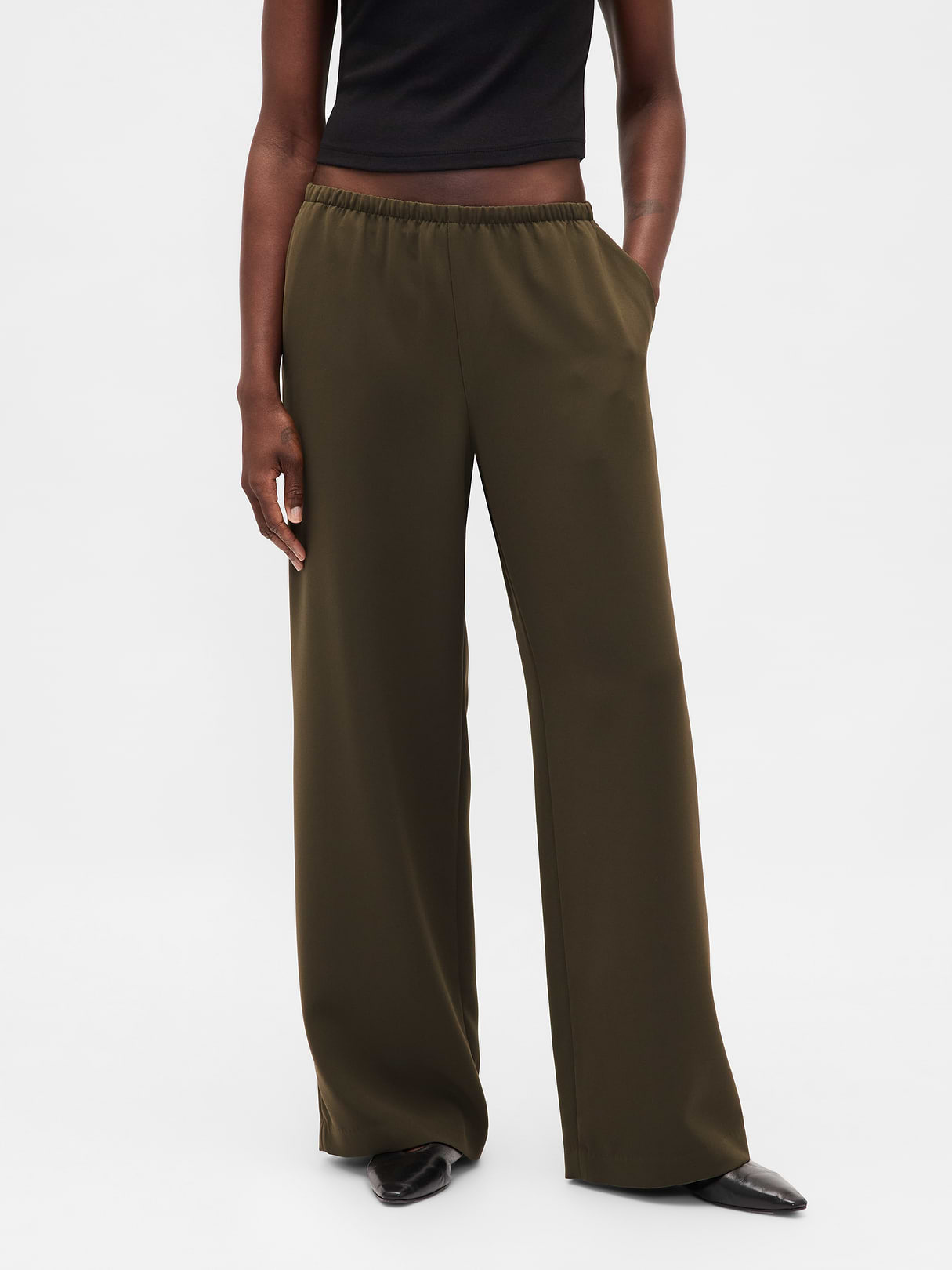 Easy Wide-Leg Pants - Black moss green