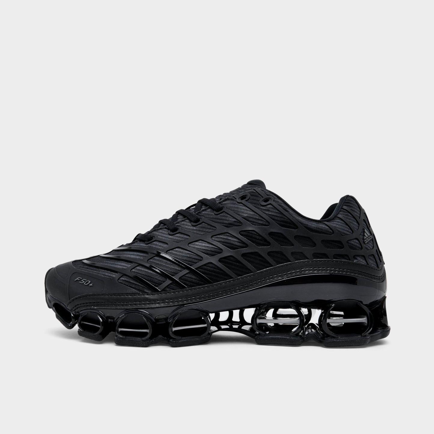 Men's adidas Megaride F50 Casual Shoes - Core Black/Core Black/Iron Metallic - Left shoe facing left. Outside of the shoe.