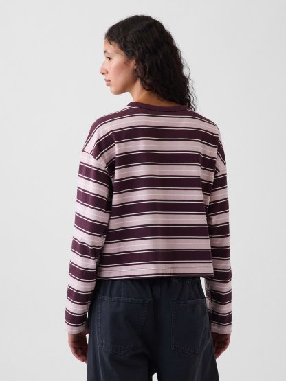 Knit Oversized Crop T-Shirt - Soft pink & burgundy stripe