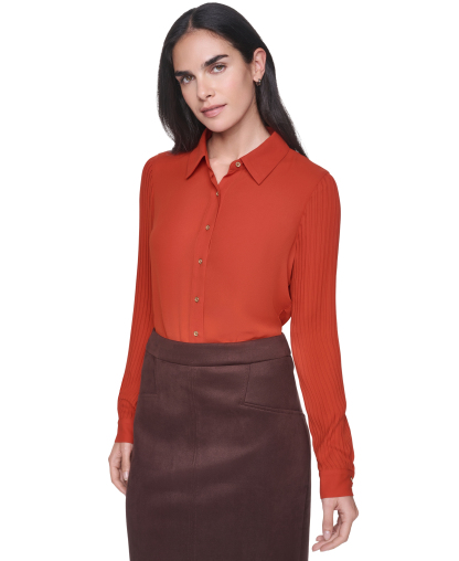 Tommy Hilfiger Women's Long-Sleeve Button-Front Pleated-Sleeve Blouse - Paprika
