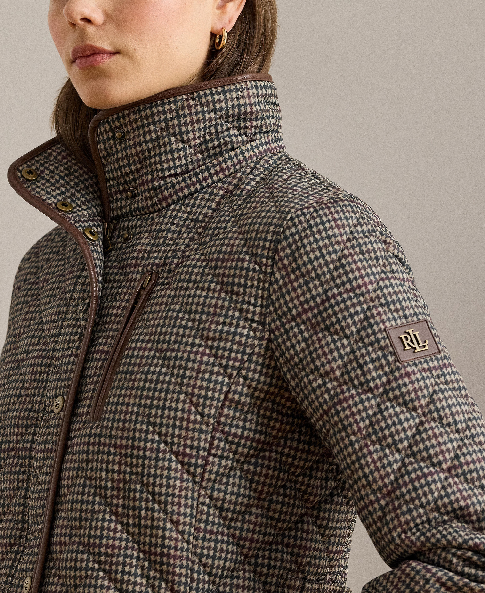 Lauren Ralph Lauren Women's Hooded Quilted Coat - Merlot Houndstooth