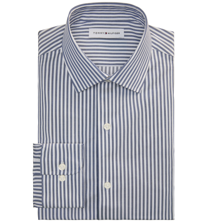 Tommy Hilfiger Men's Slim-Fit Cotton Twill Rounded Cuffs Dress Shirt - Blue Stripe