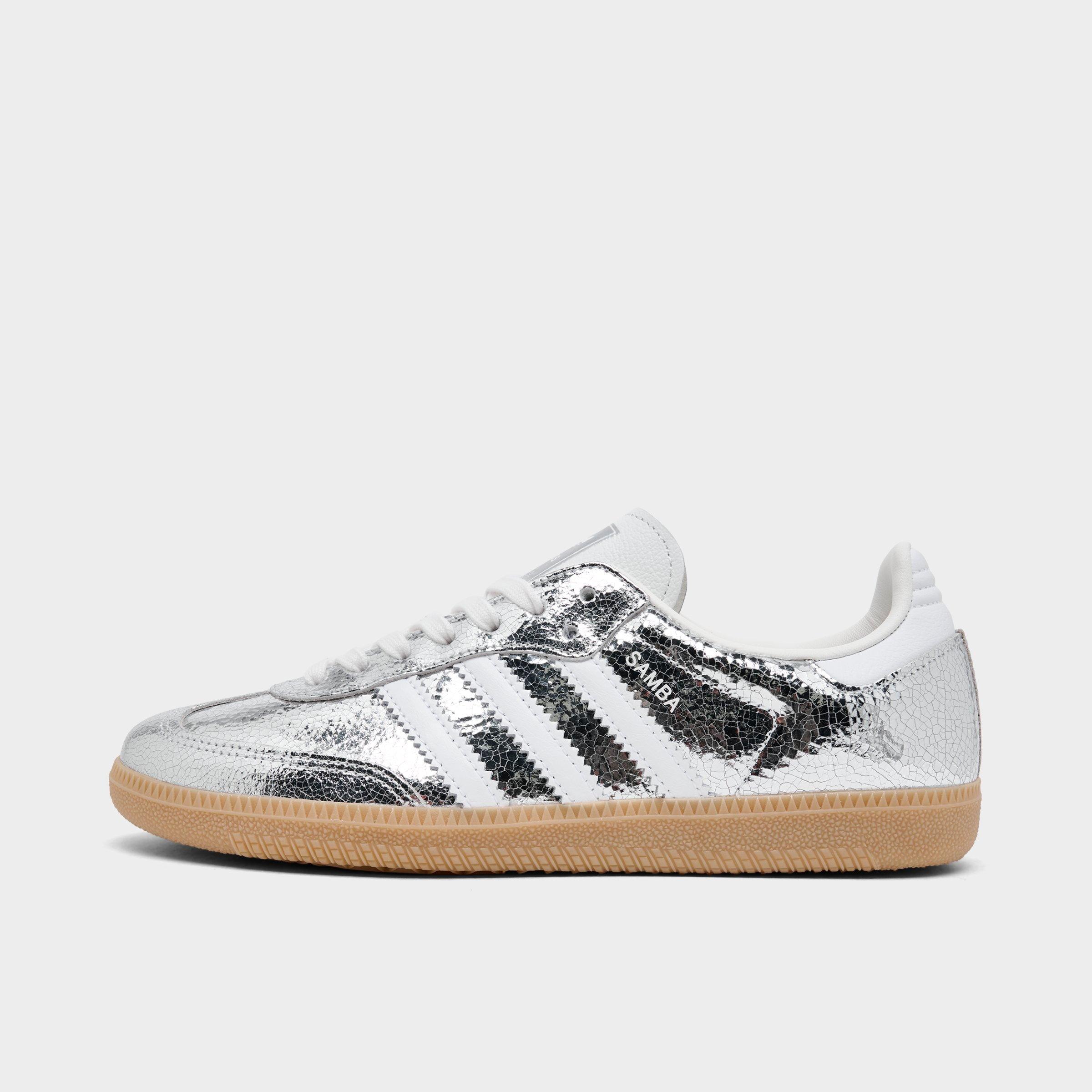 Women's adidas Originals Samba OG Casual Shoes - Part 6 - Silver Metallic/Cloud White/Core White - Left shoe facing left. Outside of the shoe.