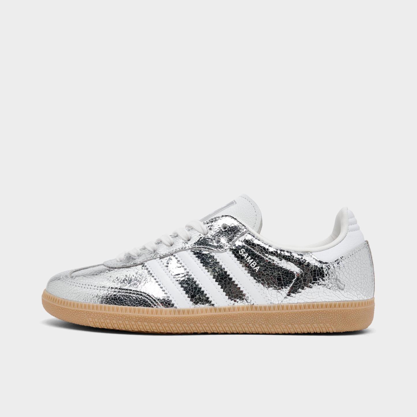 Women's adidas Originals Samba OG Casual Shoes - Part 6 - Silver Metallic/Cloud White/Core White - Left shoe facing left. Outside of the shoe.