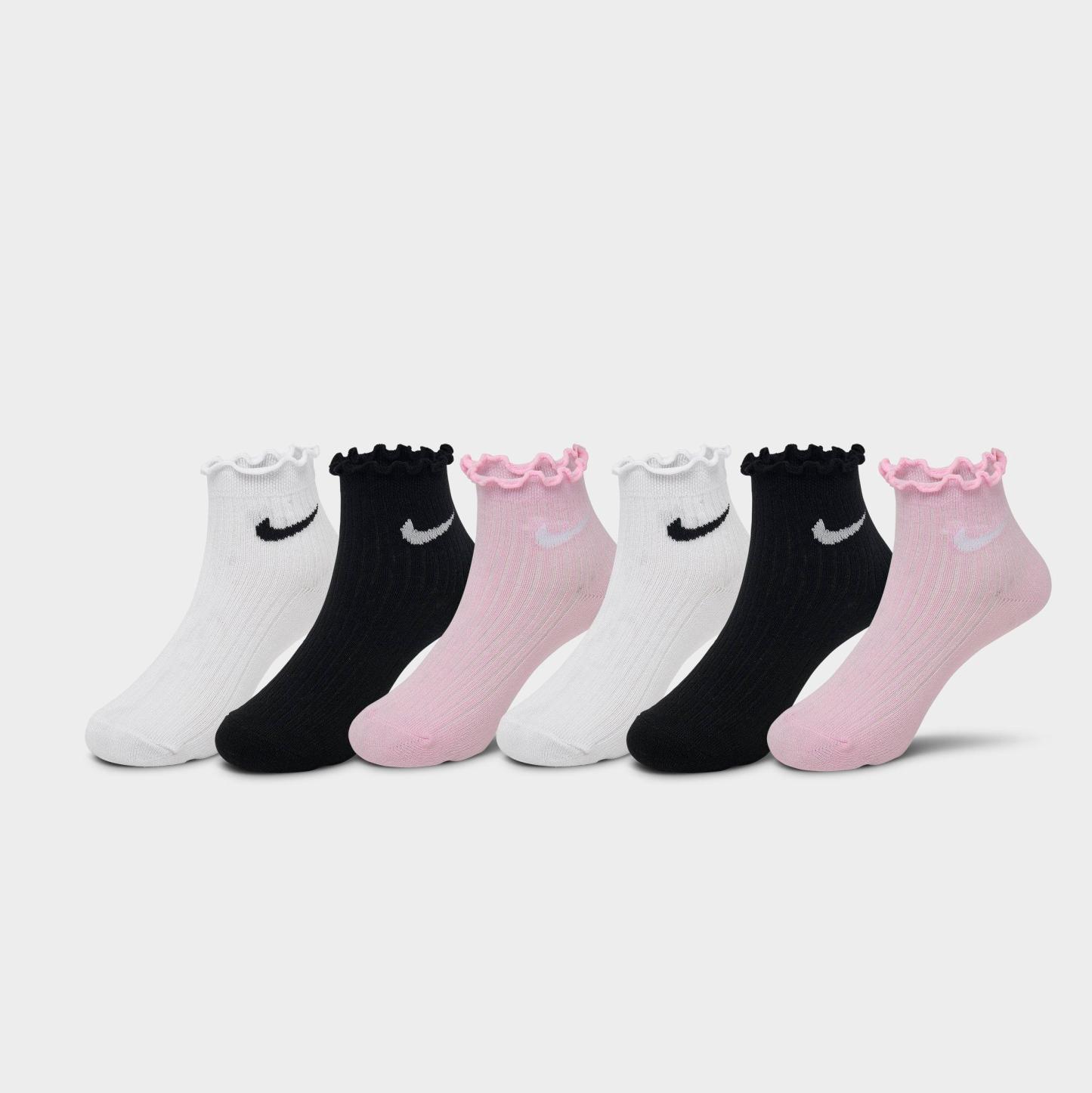 Little Kids' Nithtke Preschool Lettuce Welt 6-Pack Quarter Socks - Black/White/Pink