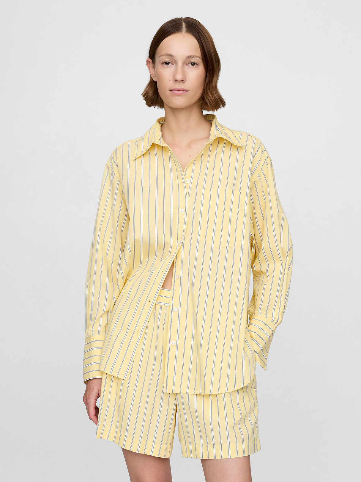 Organic Cotton Poplin Stripe Big Shirt - Yellow stripe