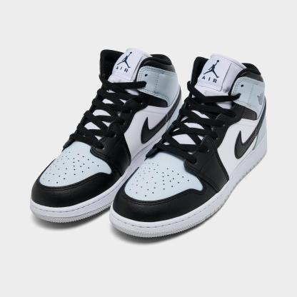 Big Kids' Air Jordan Retro 1 Mid Casual Shoes - Black/Black/Aura/Squadron Blue - view 2