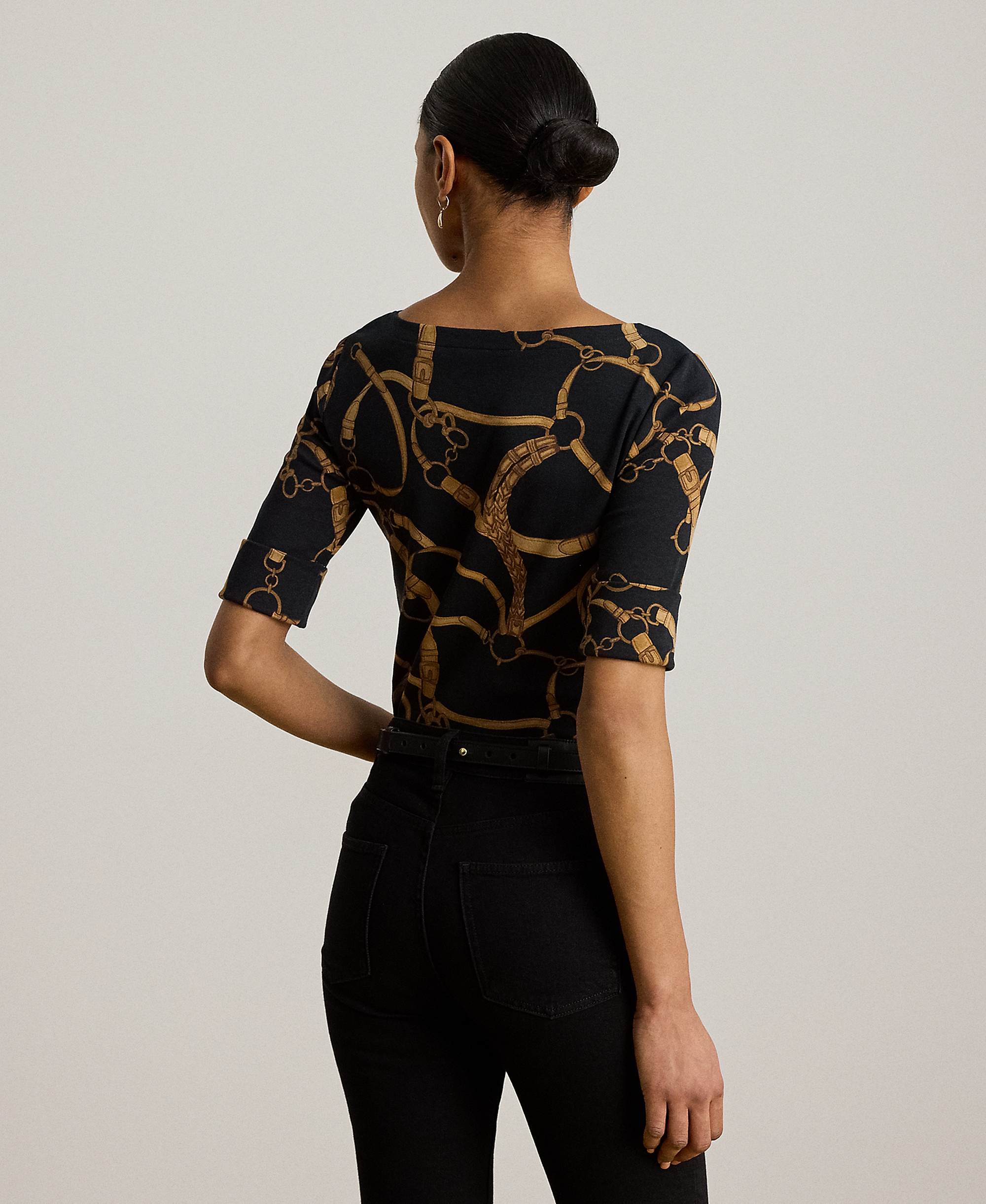 Lauren Ralph Lauren Women's Boat Neck Belting Print T-Shirt - Black/tan