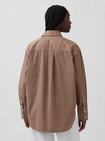 Organic Cotton Poplin Stripe Big Shirt - Amber wood brown