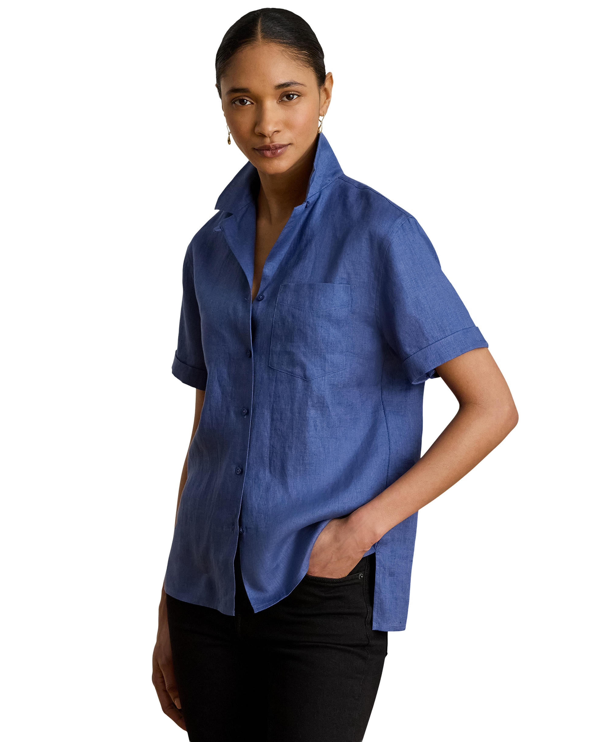 Lauren Ralph Lauren Women's Linen Short-Sleeve Camp Shirt - Inky Blue