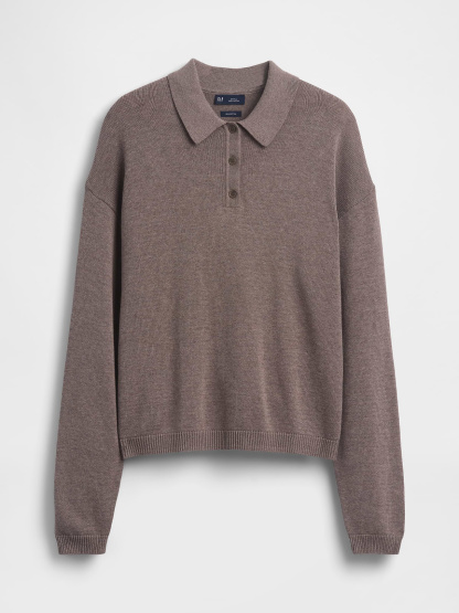 100% Cotton Relaxed Polo Sweater - Toasted almond brown