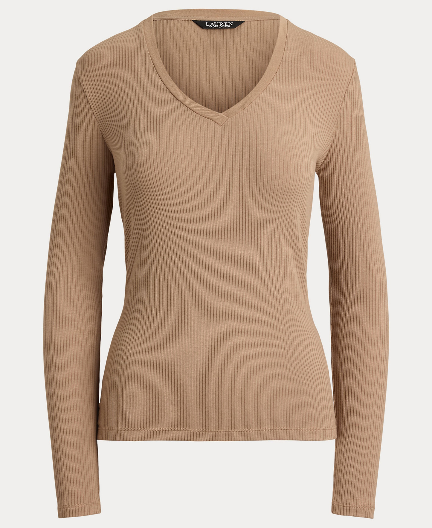 Lauren Ralph Lauren Women's Rib-Knit Long-Sleeve V-Neck Top - Lauren Camel