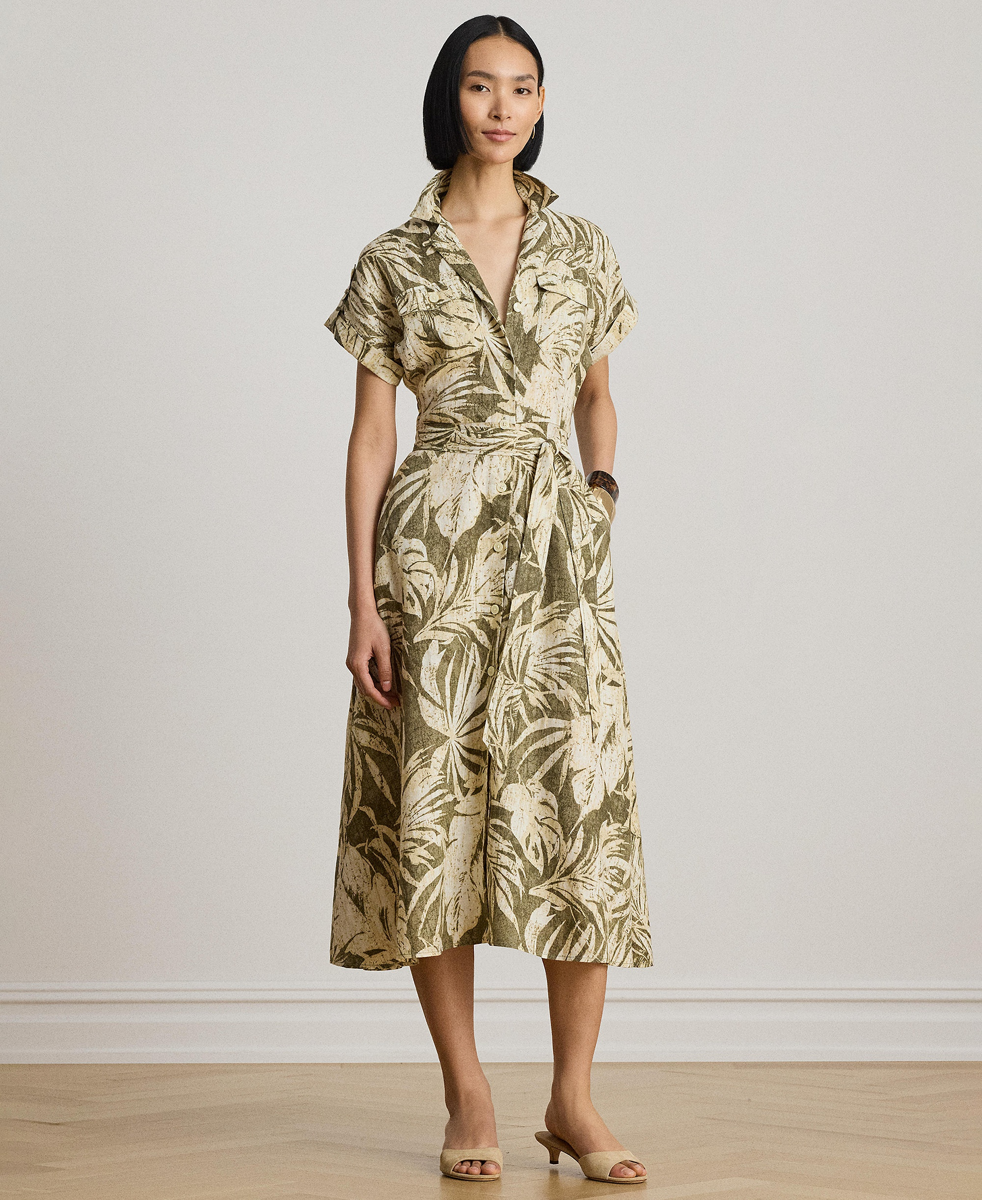 Lauren Ralph Lauren Women's Palm-Frond-Print Camp Collar Shirt-Dress - Olive Multi