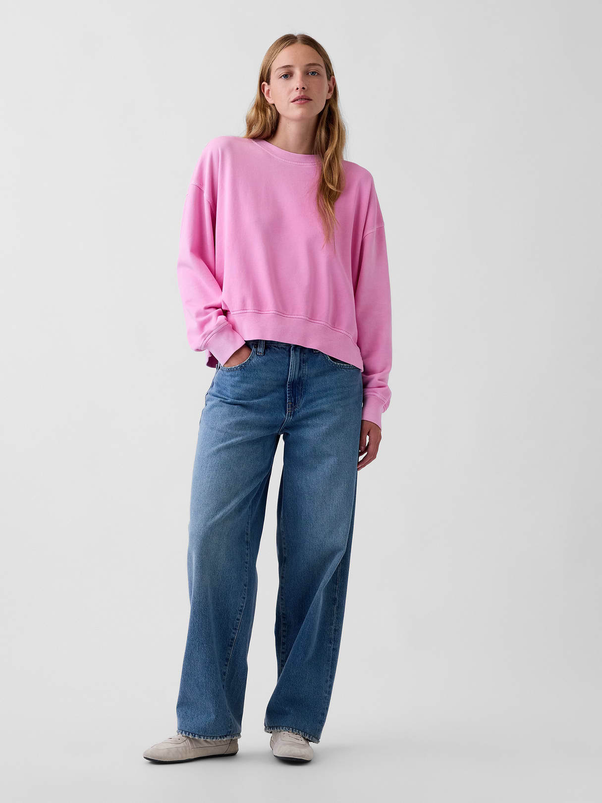 VintageSoft Terry Oversized Wedge Side-Slit Sweatshirt - Pretty pink