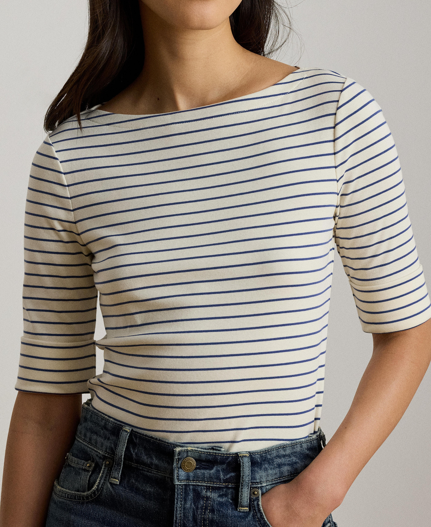 Lauren Ralph Lauren Women's Striped Boat Neck Top - Mas Cream/Inky Blue
