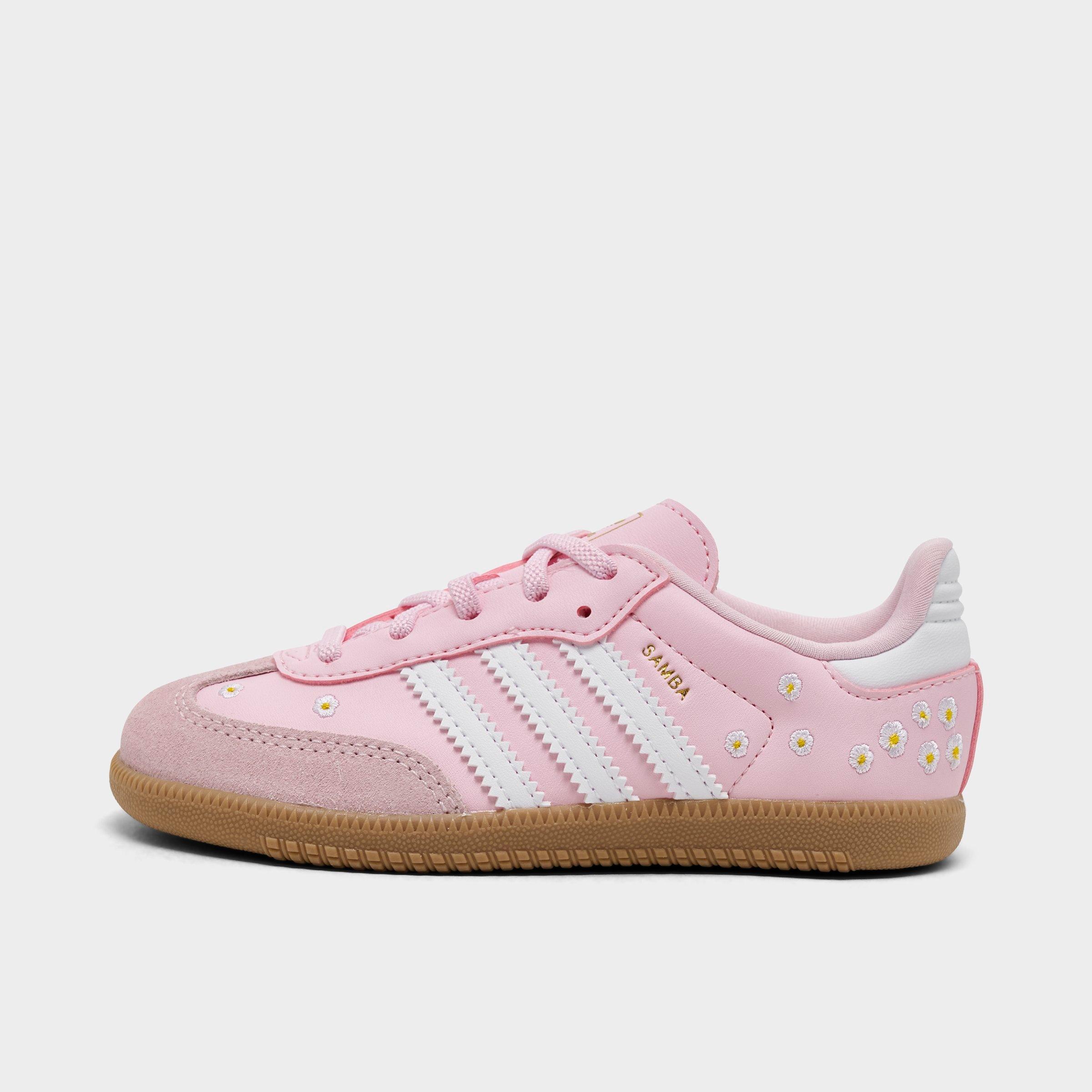 Kids' Toddler adidas Originals Samba OG Stretch Lace Casual Shoes - Clear Pink/Footwear White/Gum - Left shoe facing left. Outside of the shoe.