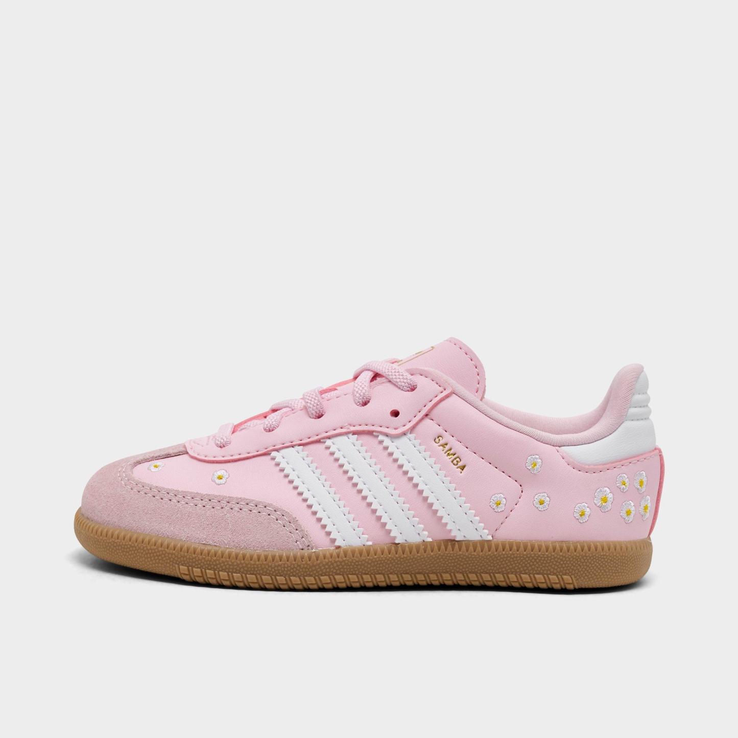 Kids' Toddler adidas Originals Samba OG Stretch Lace Casual Shoes - Clear Pink/Footwear White/Gum - Left shoe facing left. Outside of the shoe.