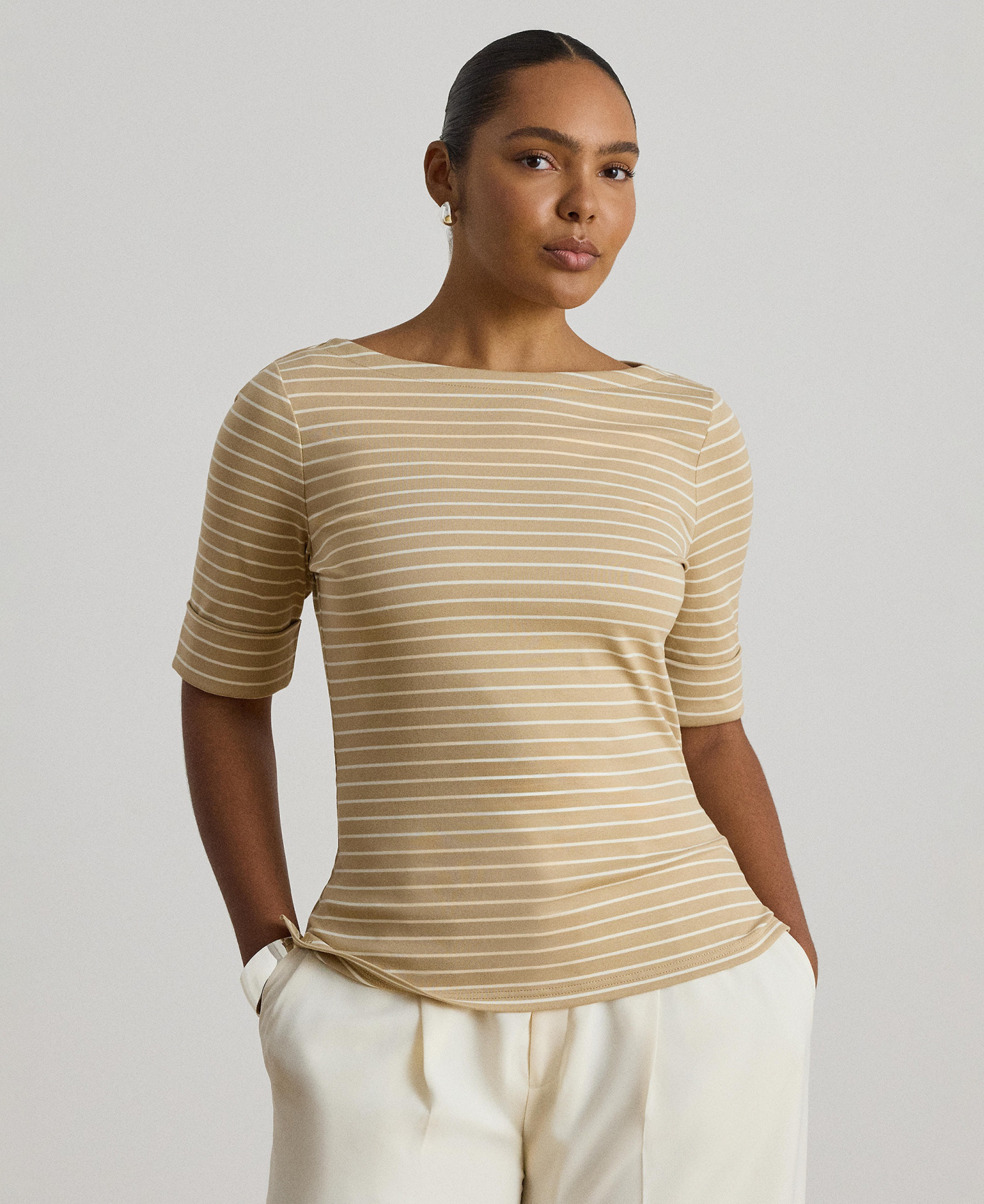 Lauren Ralph Lauren Women's Striped Boat Neck Top - Birch Tan/mascarpone Cream