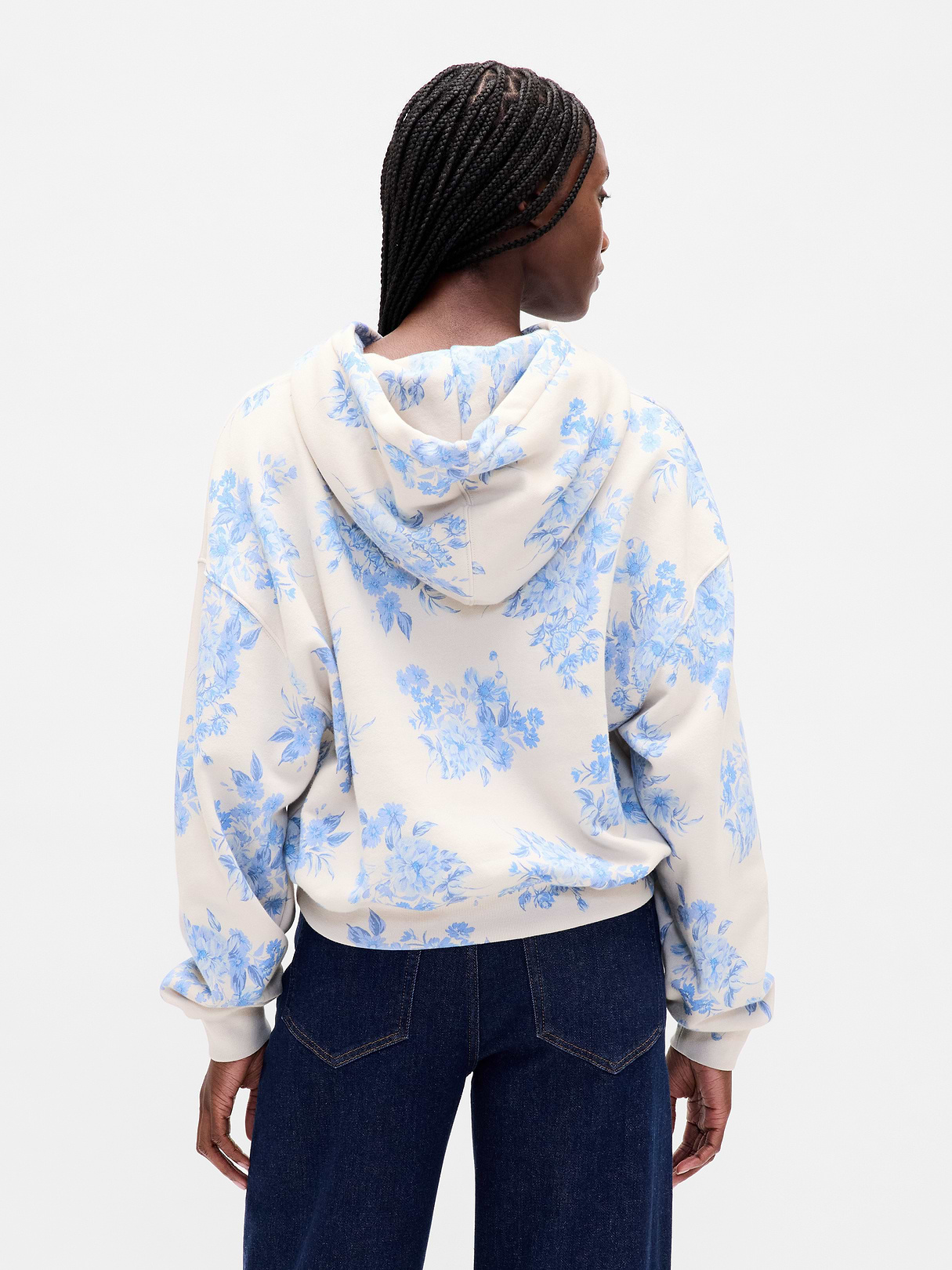 VintageSoft Crop Logo Hoodie - Blue floral print