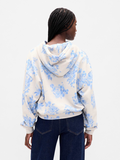 VintageSoft Crop Logo Hoodie - Blue floral print