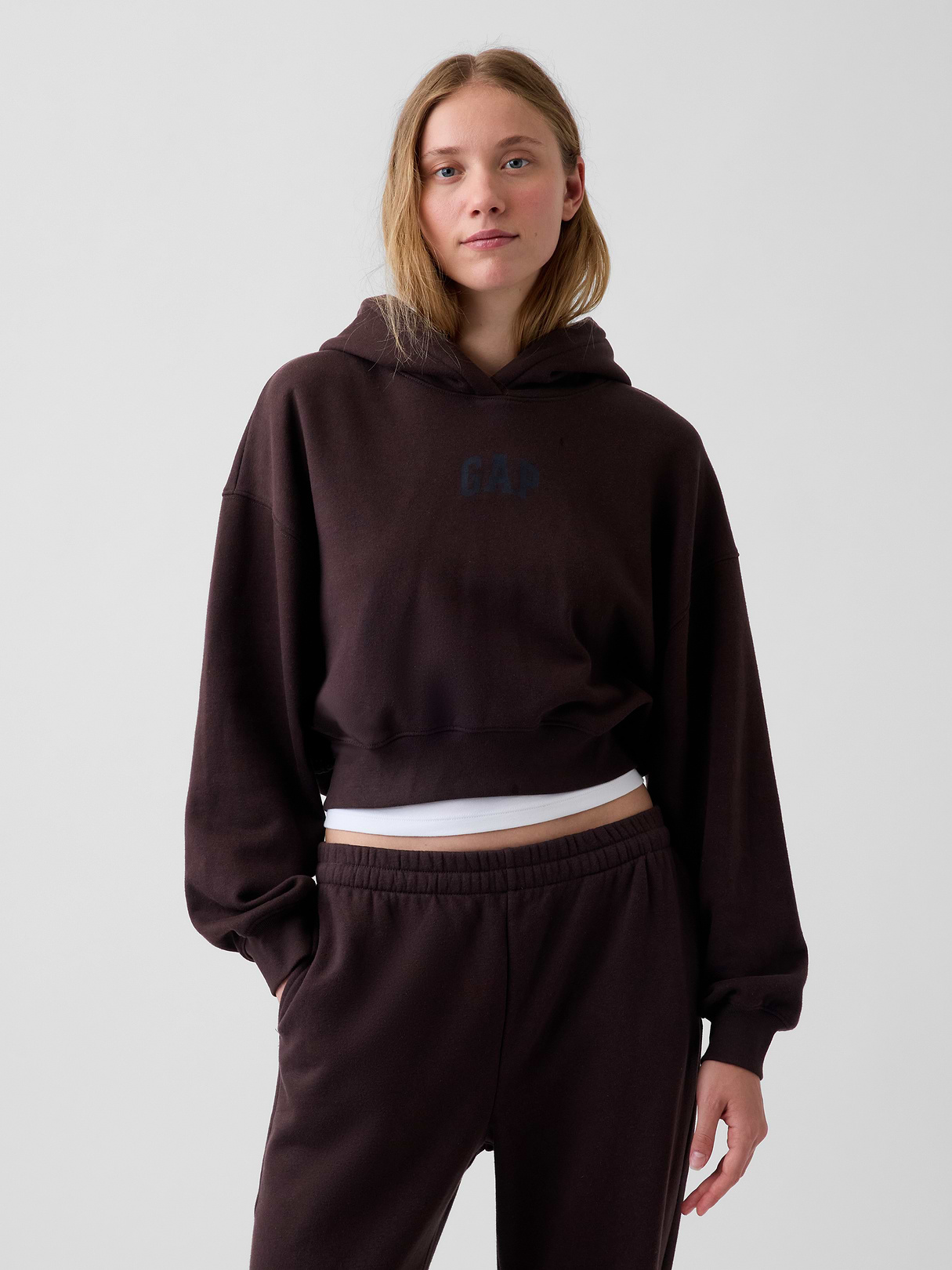 VintageSoft Crop Logo Hoodie - Brown