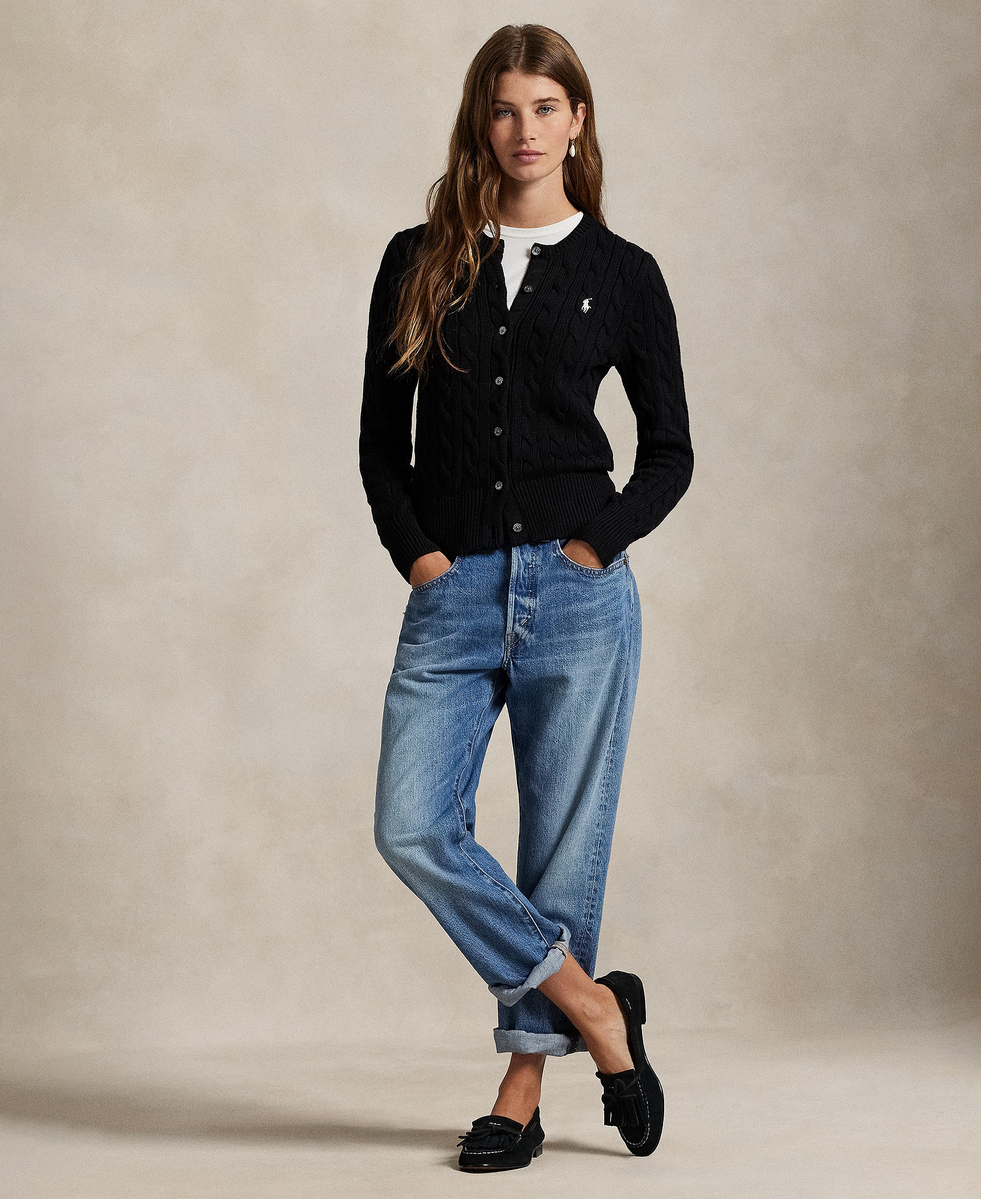 Polo Ralph Lauren Women's Cable-Knit Cotton Crewneck Cardigan Sweater - Polo Black