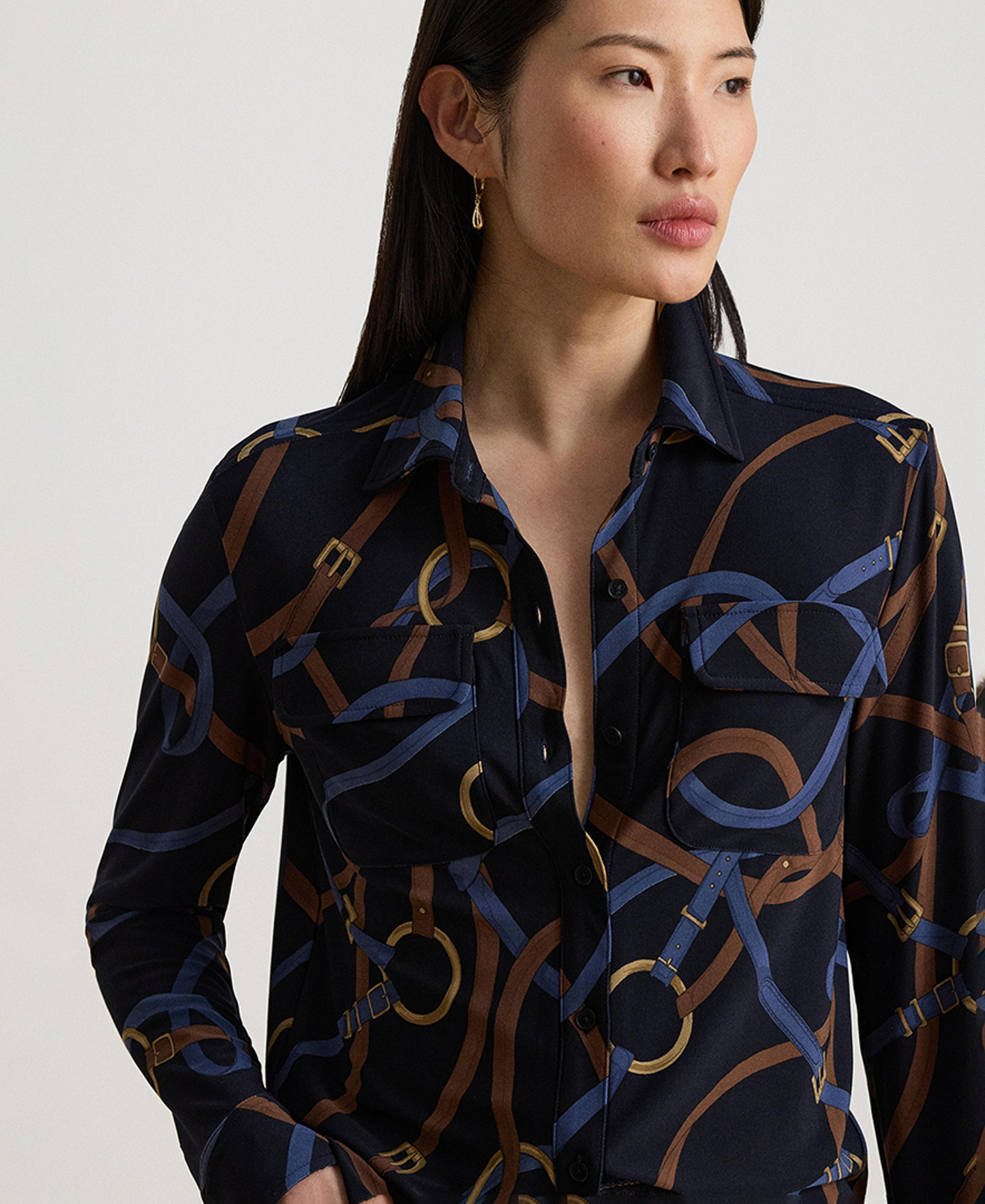 Lauren Ralph Lauren Women's Belting-Print Stretch Jersey Shirt - Navy Multi